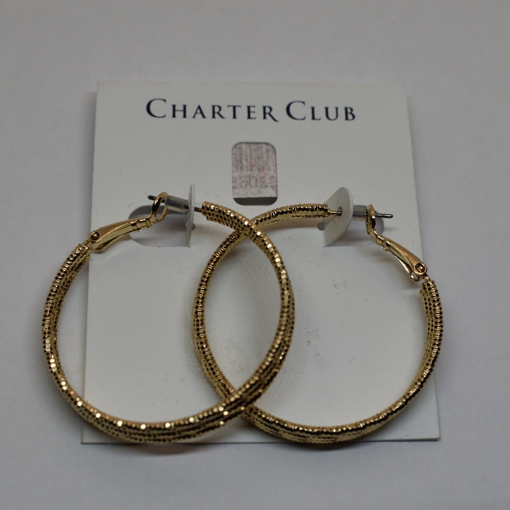Charter Club Gold ToneTriple Row Textured Hoop Ear
